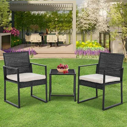 PayLessHere 3-Piece Rattan Wicker Bistro Set Outdoor Conversation Set Sturdy Frame Wicker Furniture with 2 Chairs Cushions Tempered Glass Table for Poolside Balcony Patio Bar Garden (Khaki) - WoodArtSupply