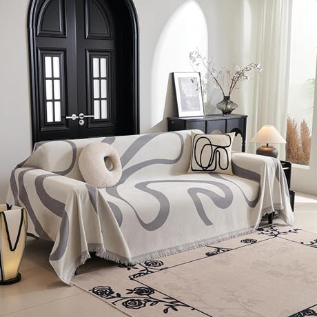 MYSKY HOME Boho Couch Cover Super Soft Couch Covers for 2-3 Cushion Couch Sofa, Modern Grey Jacquard Sofa Slipcover Loveseat Futon Cover, Couch Covers for Sectional Sofa, 71" x 118", Grey Curve MYSKY HOME