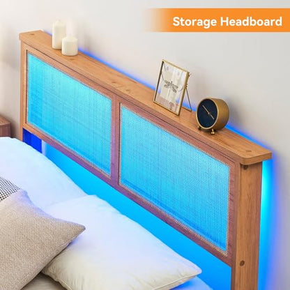 Solid Wood Queen Bed Frame with Rattan Headboard and LED Lights - Modern Design and Under-bed Storage - WoodArtSupply