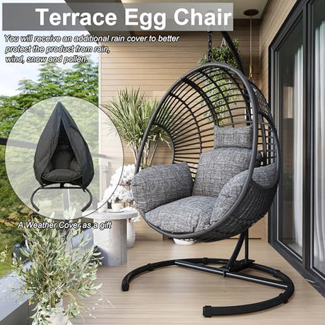 Hanging Egg Chair with Stand - Egg Swing Chair Outdoor Indoor Patio Wicker Chair Swing Hammock Egg Chairs 400lbs Capacity for Outside Patio, Bedroom, Garden and Balcony（Black, 1PC） TQKVIPI