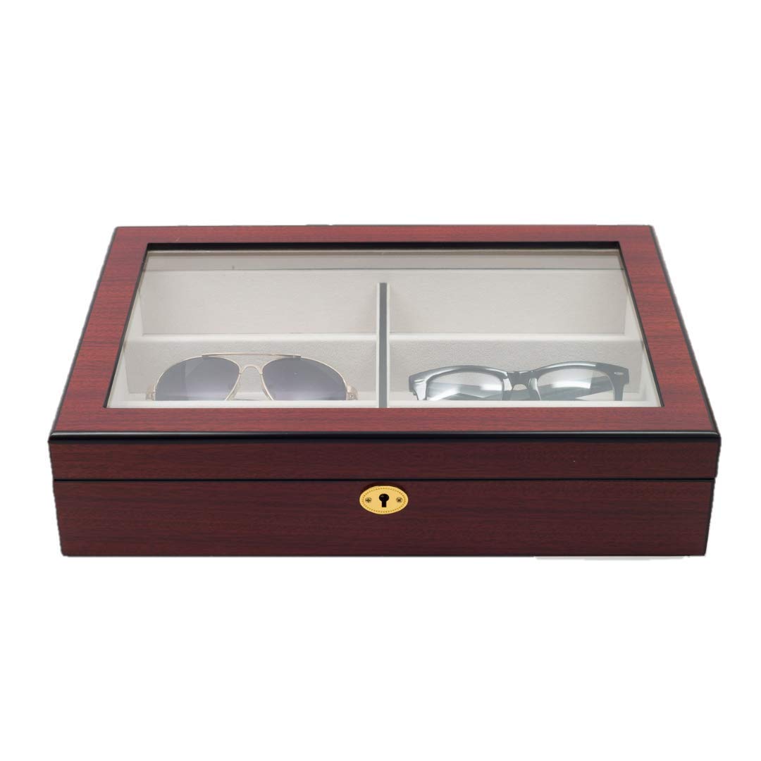 TimelyBuys 6 Piece Extra Large Cherry Wood Rosewood Eyeglass Sunglass Glasses Display Case Organizer Collector Box with Glass Top Father's Day Gift TIMELYBUYS