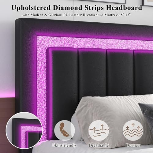 HOMBCK Floating Bed Frame Full with Smart LED Lights, Faux Leather Upholstered Bed Frame Full with Diamond Headboard, No Box Spring Needed, Noise Free, Easy Assembly, Black HOMBCK
