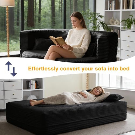 78" Full Size Convertible Futon Sofa Bed, Corduroy Folding Sleeper Sofa Bed with Pillow, Foam Mattress Futon Loveseat Couch, No Assembly Folding Boneless Couches for Living Room, Space‑Saving, Black extrasleep