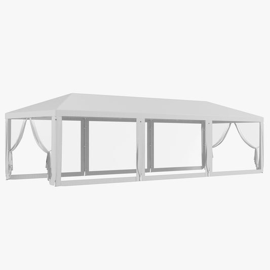 Outsunny 10' x 28' Party Tent Canopy, Outdoor Event Shelter Gazebo with 8 Removable Mesh Sidewalls, Zipper Doors, Steel Frame, White