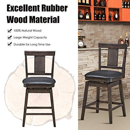 COSTWAY Bar Stools Set of 3, 360 Degree Swivel, Wooden Counter Height Bar Stool, Leather Padded Seat, Single Slat Back & Solid Rubber Wood Legs, - WoodArtSupply