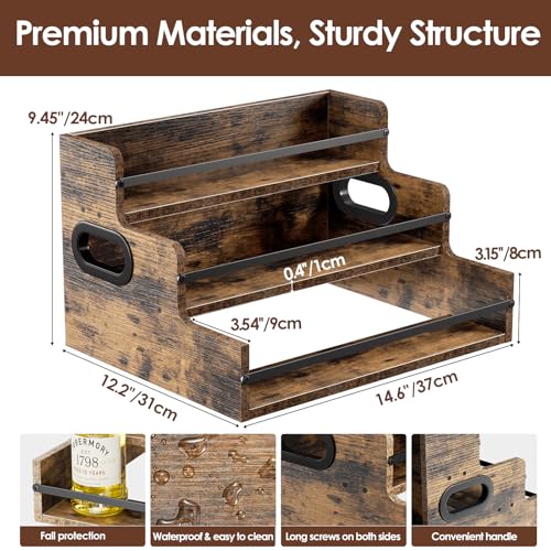 Nuovoware Liquor Bottle Display Shelf Countertop, 3 Step Wood Coffee Syrup Organizer with Handle Fence, 12-Bottle Liquor Display Home Retro Wine Rack for Liquor Whiskey Wine Coffee Syru, Wooden Nuovoware