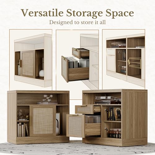 Perledesign Height Adjustable Electric Standing Desk, 48 x 24 Inches Sit Stand up Desk with 2 File Cabinets, AC/USB, 1.18" Desktop, L Shaped Rattan Computer Desk for Home and Office, Natural Oak Perledesign