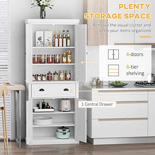 HOMCOM 72" Kitchen Pantry Storage Cabinet, Traditional Freestanding Cupboard with 4 Doors and 3 Adjustable Shelves, Large Central Drawer, X-Frame, White
