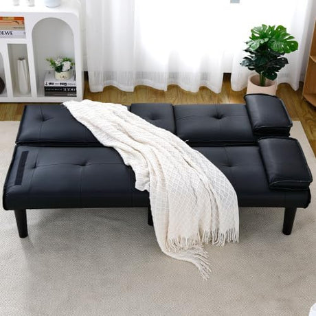 Convertible Sleeper Sofa Bed, Modern Leather Futon Couch Bed Twin Size, 67'' Recliner Reversible Loveseat Folding Couches Guest Bed for Small Spaces Living Room Office Dorm RV, 2 Cupholders (Black) Xinmviec