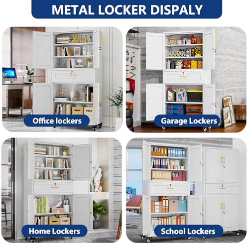 Ckzbx Metal Garage Storage Cabinets with Locking Doors and Adjustable Shelves, Tool Cabinets on Wheels, 75" H Heavy Duty Storage Organizers with Drawer for Garage Warehouse (White) Ckzbx