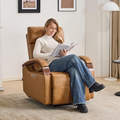 AEDI Genuine Leather Zero Gravity Power Recliner Chair with Triple-Motor System, Adjustable Headrest & Lumbar Support, USB & Type-C Charging,Camel
