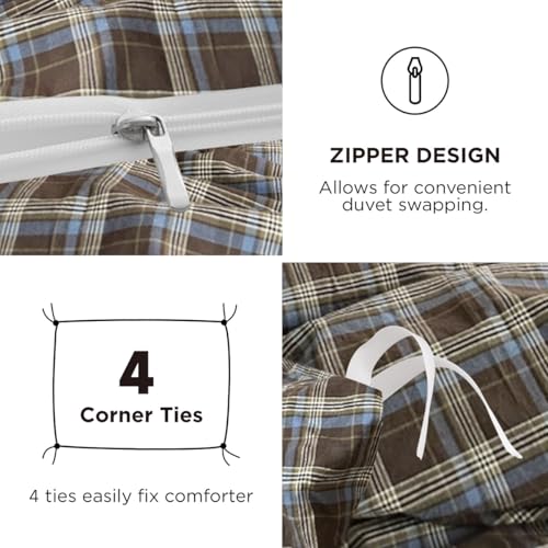 Erwinmu Plaid Duvet Cover Set Twin Size,Brown Blue Gingham Patterned Bedding Set for Girls Boys,Modern Soft Breathable Microfiber Comforter Cover 2 Pieces with Zipper Closure and 1 Pillow Sham Erwinmu