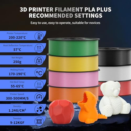 UJOYBIO 8 Color Bundle Elite PLA+ 3D Printer Filament, Multicolor PLA+ 1.75mm, Individually Vacuum Packed, 0.25kg Spool, 8 Pack (Black+Cream White+Grey+Orange Yellow+Red+Dark Blue+Green+Iris Purple) UJOYBIO