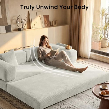 CUBENTE 78.8" Convertible Sofa Bed,Corduroy Futon Couch with Storage Pocket,Folding Pull Out Futon Sofa,No Assembly Boneless Couch for Living Room, White CUBENTE