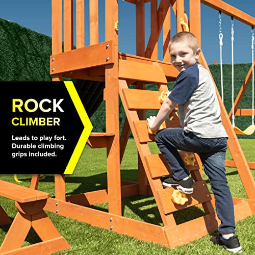 Sportspower Scottsdale Wood Swing Set: 2 Adjustable Swings, Sandbox, Rock Climber, Covered Deck, 1 Slide - Exceeds ASTM Safety Standards - WoodArtSupply