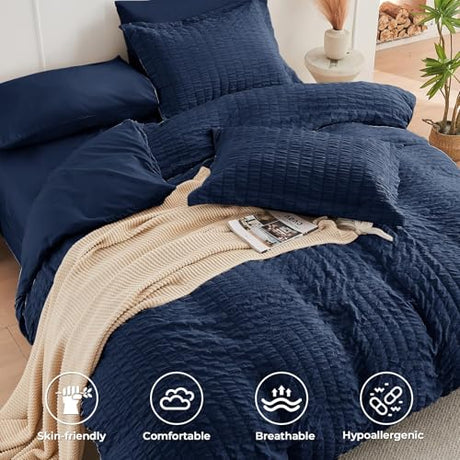 HYMOKEGE Navy Blue Queen Comforter Set Seersucker 7 Pieces, All Season Luxury Bed in a Bag for Bedroom, Bedding Set with Comforters, Sheets, Pillowcases & Shams HYMOKEGE