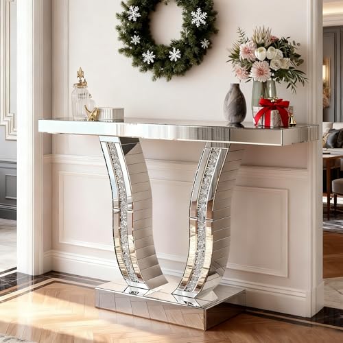 Maotifeys Mirrored Console Table with Crystal-Inlaid U-Shape Base Modern Elegant Silver Glass Entryway Tables for Living Room Luxury Accent Sofa Table with Curved Frame (Silver Table) Maotifeys