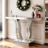 Maotifeys Mirrored Console Table with Crystal-Inlaid U-Shape Base Modern Elegant Silver Glass Entryway Tables for Living Room Luxury Accent Sofa Table with Curved Frame (Silver Table) Maotifeys