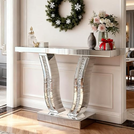 Maotifeys Mirrored Console Table with Crystal-Inlaid U-Shape Base Modern Elegant Silver Glass Entryway Tables for Living Room Luxury Accent Sofa Table with Curved Frame (Silver Table) Maotifeys