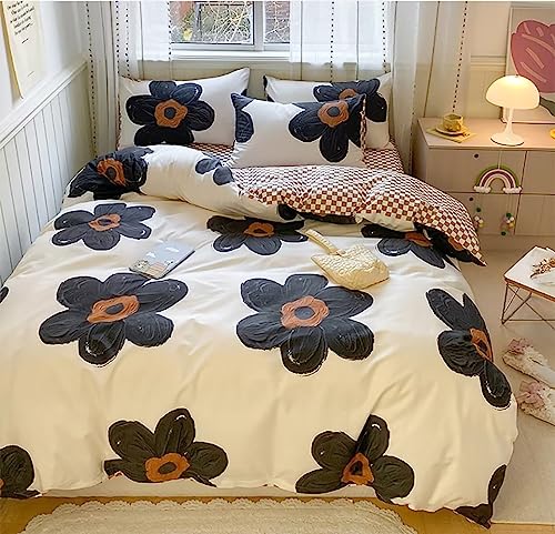 Houseri Black Floral Comforter Set Twin Beige 3D Floral Bedding Comforter Sets Twin Size for Toddler Girls Kawaii Flowers Comforter Cute Relief Print Bedding Beige White Flower Bedding Set Twin Houseri