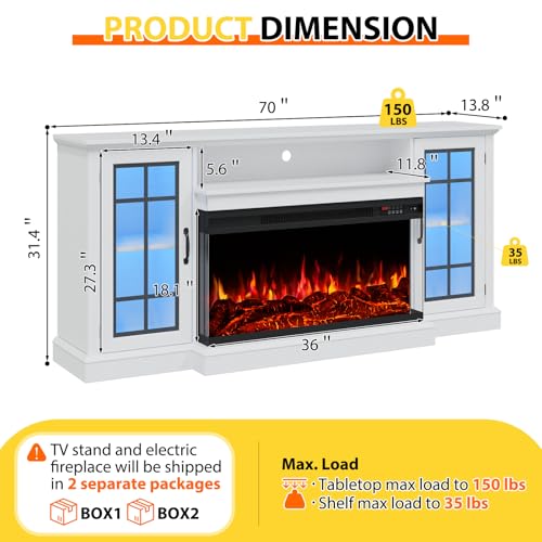 OneBlis 70 Inch Fireplace TV Stand for TVs up to 80", Rustic Media Entertainment Center Console Table with Glass Door Closed Storage, 3-Sided Glass Fireplace, White OneBlis