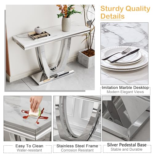 47" Marble Console Table Luxury Silver Sofa Table with Geometric U-Shape Stainless Steel Pedestal Modern Long Console Sofa Table White Marble Entryway Hall Table for Living Room Hallway Goujxcy