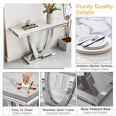 47" Marble Console Table Luxury Silver Sofa Table with Geometric U-Shape Stainless Steel Pedestal Modern Long Console Sofa Table White Marble Entryway Hall Table for Living Room Hallway Goujxcy