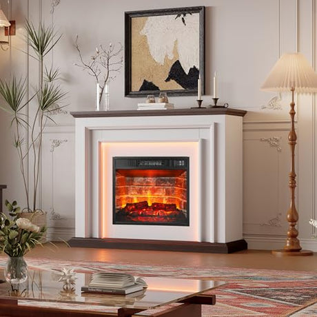 44 Inches LED Lights Electric Fireplace with Mantel, Tall Fireplace Heater Freestanding with Remote Control Timer LED Flame for Living Room, Bedroom, White&Brown BOSHIRO