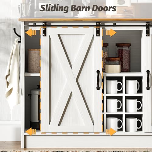 4ever2buy Farmhouse Coffee Bar Cabinet with 6 Hooks, 47'' Kitchen Coffee Bar with Hutch and 9 Wink Racks, White Coffee Bar Table with Sliding Barn Door for Dining Living Room 4ever2buy