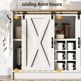 4ever2buy Farmhouse Coffee Bar Cabinet with 6 Hooks, 47'' Kitchen Coffee Bar with Hutch and 9 Wink Racks, White Coffee Bar Table with Sliding Barn Door for Dining Living Room 4ever2buy