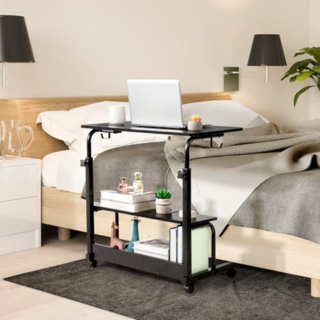 Karl home 31.5" Portable Rolling Desk on Wheels,Height Adjustable Standing Desk with 2 AC Outlets/3 USB Ports,Mobile Laptop Table with Hooks and Storage Shelves for Home Office，Black Karl home
