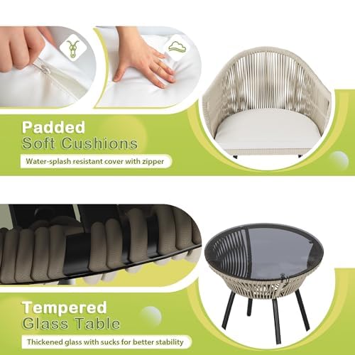 Flamaker 3 Piece Patio Set Outdoor Wicker Patio Chairs with Coffee Table & Cushions Bistro Conversation Set Porch Furniture for Patio, Balcony, Deck, Backyard Flamaker