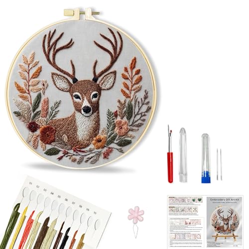 Huacan 1pc Stitched Deer with Floral Embroidery Kit - Handmade Craft Set for Creative Hobby & Unique Gift