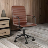 Martha Stewart Taytum Swivel Task Chair with Armrests for Home Office in Saddle Brown Faux Leather with Oil Rubbed Bronze Frame Martha Stewart