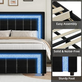 HOMBCK Full Size Bed Frame with LED Lights and Velvet Upholstered Headboard, Bed Frame Full with Modern Diamond Headboard Adjustable, Wooden Slats Support, Noise Free, No Box Spring Needed, Black HOMBCK