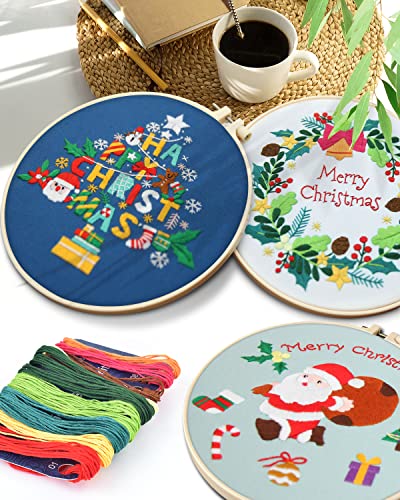 TINDTOP Christmas Embroidery Kit for Adult, 3 Sets Embroidery Stitch Practice kit Include Embroidery Cloth Hoops Threads for Craft Lover Hand Stitch TINDTOP