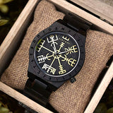 BOBO BIRD Handmade Wooden Mens Watch Unique Runic Circle Watches Golden Symbol of Vegvisir Watches Lightweight Fashion Quartz Wristwatch (Brown Black) BOBO BIRD