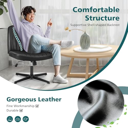 OLIXIS Criss Cross Legged Chairs Armless No Wheels Wide Seat Height Adjustable Swivel Padded PU Leather Home Office Desk Seating for Bedroom, Student, Study Room OLIXIS