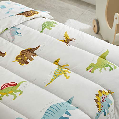 4 Pieces Toddler Bedding Set Dinosaur with Colorful Dinos and Monsters Toddler Comforter Sheet Set for Autumu and Winter Includes Comforter, Flat Sheet, Fitted Sheet and Pillowcase White UOZZI BEDDING