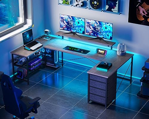 ODK U Shaped Desk with Power Outlets & LED Strip & Monitor Stand, 66" Reversible L Shaped Desk with Drawers and Storage Shelf, Home Office Gaming