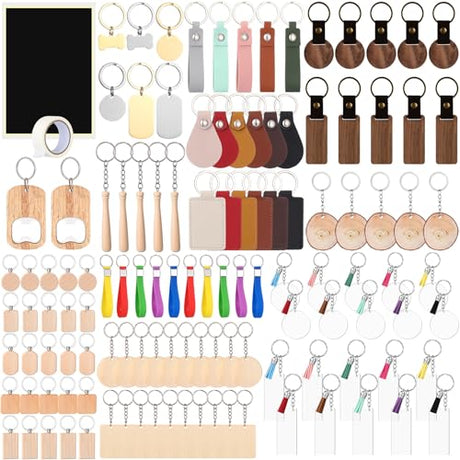 Tondiamo 122 Pcs Laser Engraving Blanks Keychains Bulk Laser Cutting Engraving Materials Accessories Including Wood, Stainless Steel, Acrylic, PU Leather, Silicone and Marking Paper Tape for Laser Tondiamo