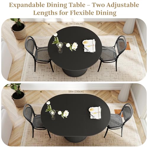 weselon 43"-59" Extendable Round to Oval Dining Table with Hidden Storage, Modern Wooden Kitchen Table with Fluted Sliding Door Cabinet, Expandable Dinner Table for Dining Room Living Room (Black) weselon