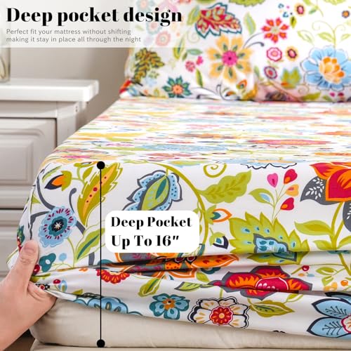 Bedlifes Queen Sheet Set Ultra Soft Breathable Silky Flower Bed Sheets Deep Pocket 100% Microfiber Bedding Sheets 4 Piece Queen Size Floral Spring Bedlifes