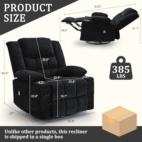 Korser Adult 360° Rotating Recliner with Massage and Heating Functions, Cup Holder and Manual Tilt Mechanism, Suitable for Living Room and Bedroom (Fabric, Black)