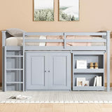 Merax Loft Bed Twin Size with Pull Out Desk, Low Loft Bed with Underneath Cabinet, 3 Side Drawers and Shelves, Wood Bed Frame with Guardrails and Ladder, Wood Slat Support, No Box Spring Need, Gray Merax