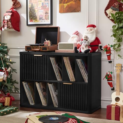 LEYAOYAO Large Record Player Stand with Vinyl Storage Up to 450 Albums, Wood Fluted Boho Record Storage Accent Cabinet, Modern Stereo Media Cabinets, Wide Turntable Stand for Living Room, Black Oak LEYAOYAO