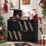 LEYAOYAO Large Record Player Stand with Vinyl Storage Up to 450 Albums, Wood Fluted Boho Record Storage Accent Cabinet, Modern Stereo Media Cabinets, Wide Turntable Stand for Living Room, Black Oak LEYAOYAO