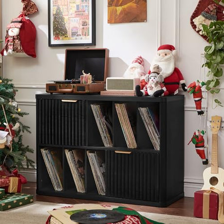 LEYAOYAO Large Record Player Stand with Vinyl Storage Up to 450 Albums, Wood Fluted Boho Record Storage Accent Cabinet, Modern Stereo Media Cabinets, Wide Turntable Stand for Living Room, Black Oak LEYAOYAO