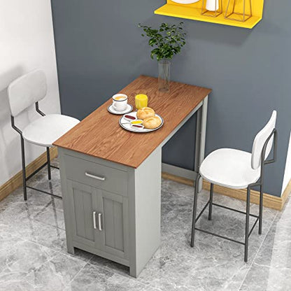 COSTWAY Light Grey Counter Height Dining Table with Drawer and Adjustable Storage Shelves - WoodArtSupply