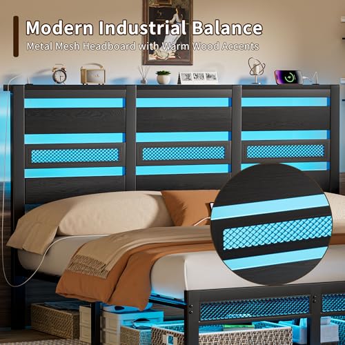 Arviano Home King Size Bed Frame with Storage Headboard, Rustic Industrial Metal Platform Bed Frame with LED Lights and Charging Station, Under Bed Storage, Noise-Free/No Box Spring Needed, Black Arviano Home